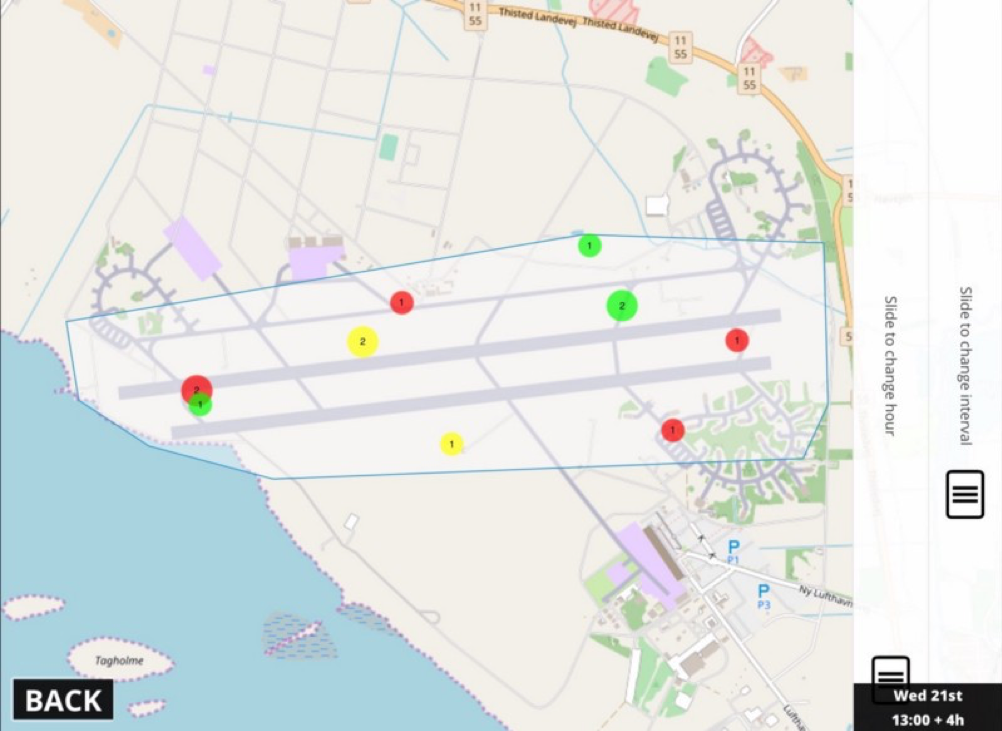 Avoid bird strikes - Image from Ascend XYZ digital recording solution, showing wildlife recordings based on wildlife risk level in a 4-hour period on the 21st of February.